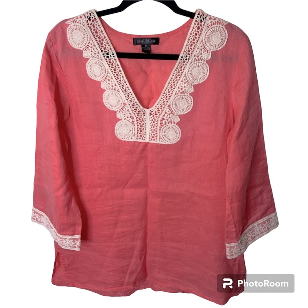 August Silk Top Women’s M 100% Linen Coral Color Crochet Coastal Grandmother EUC